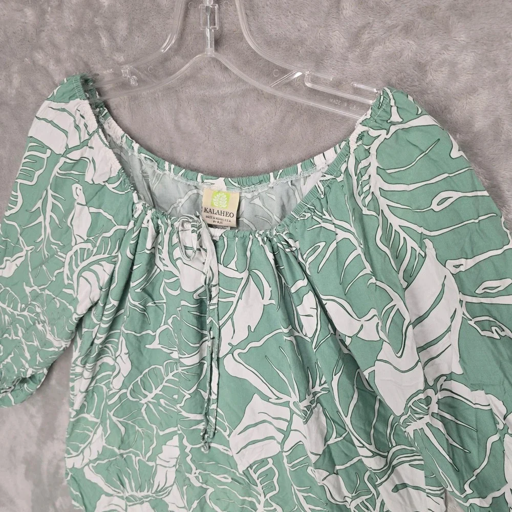 Kalaheo Blouse Top Women 2XL Green Monstera Leaf Print Rayon Tropical Relaxed